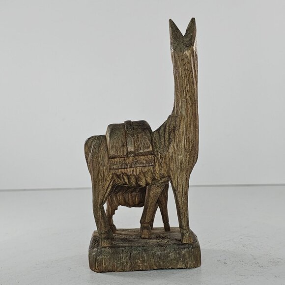 Hand Carved Wooden Llama Alpaca Statue Mom Baby Unique Rustic Home Decor - Picture 4 of 8